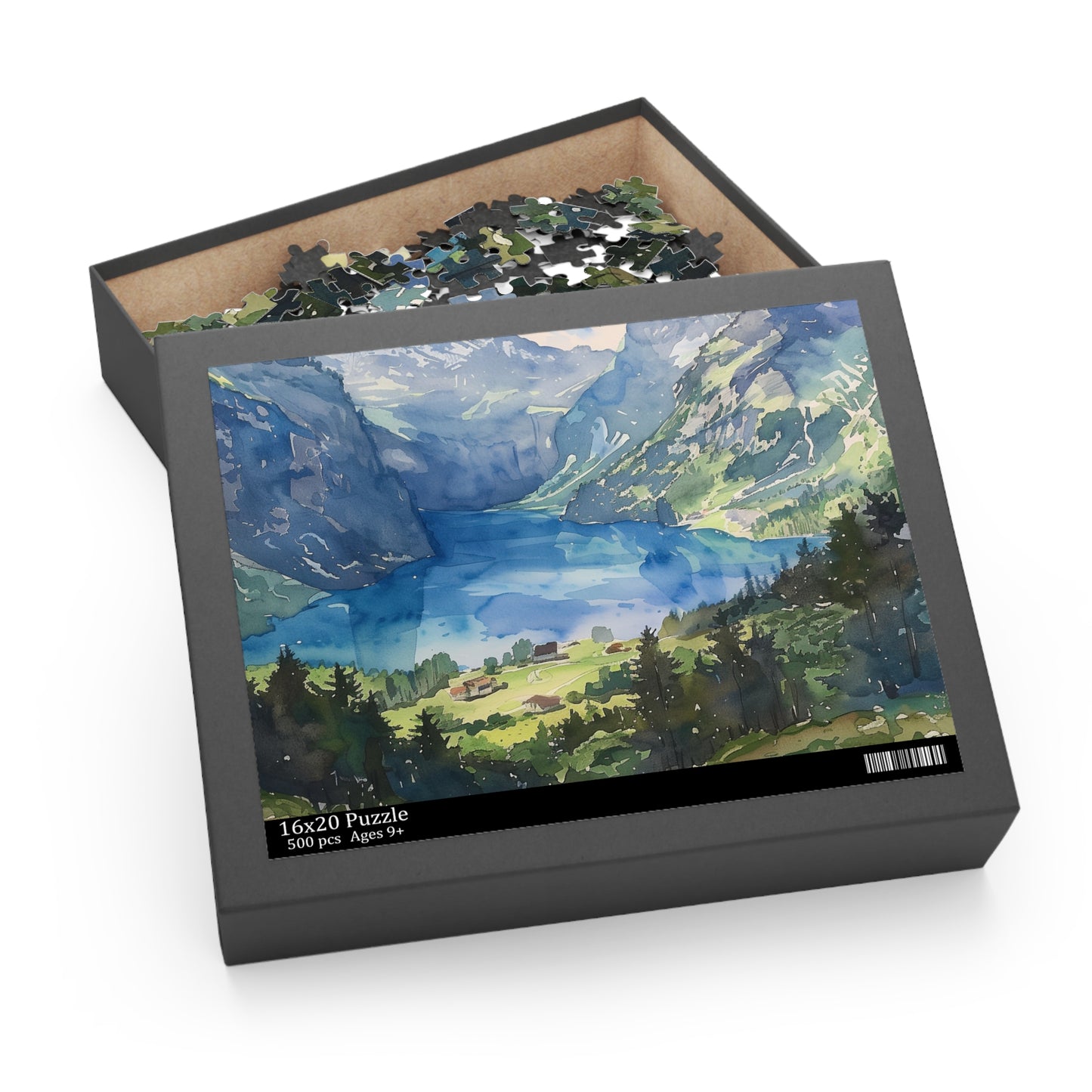 "Swiss Alps Watercolor Jigsaw Puzzle - Relax with a scenic mountain landscape puzzle."