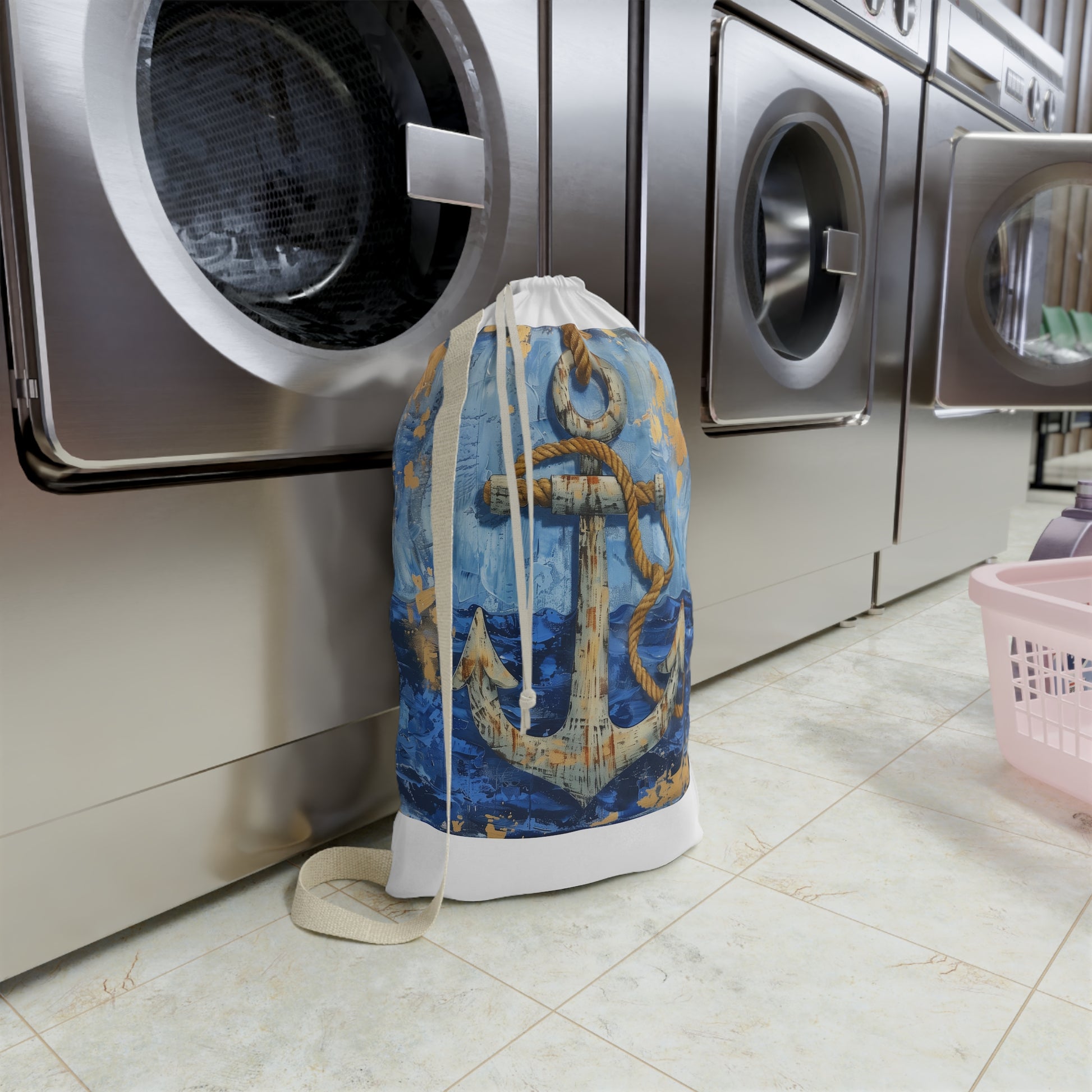 "Anchor rope laundry bag, nautical themed organizer for stylish home decor"