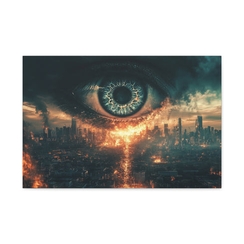Giant Eye above a Burning City Stretched Canvas Wall Art