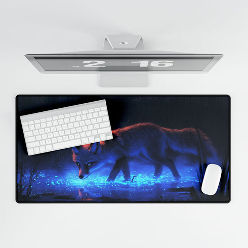Bioluminescent Fox Walking Through Swamp — XL & XXL Desk Mat — Product Detail View 5