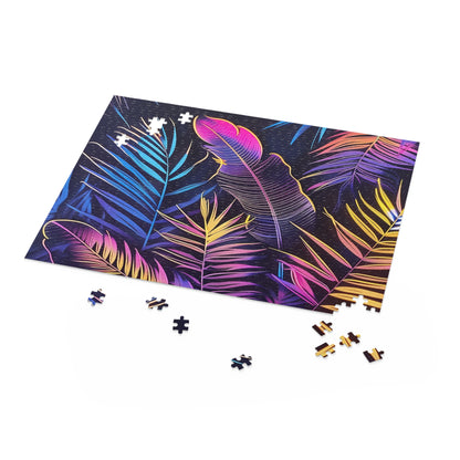 Colorful neon tropical paradise jigsaw puzzle - vibrant leaves, palm trees, perfect for relaxation