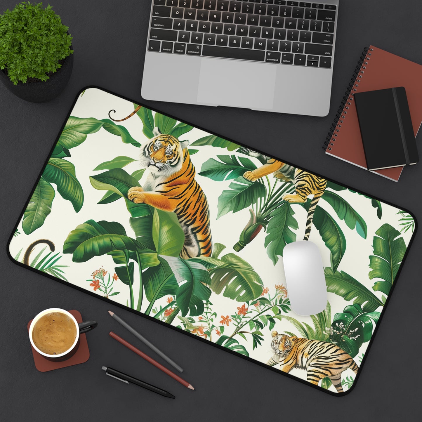 "Tiger Jungle Safari Desk Mat - Dive into a wild workspace adventure with majestic tigers in their natural habitat. Upgrade your desk today!"