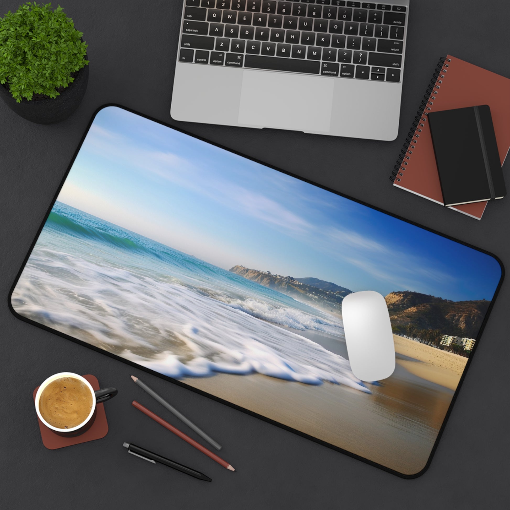 "Malibu Beach desk mat bringing coastal charm to your workspace"