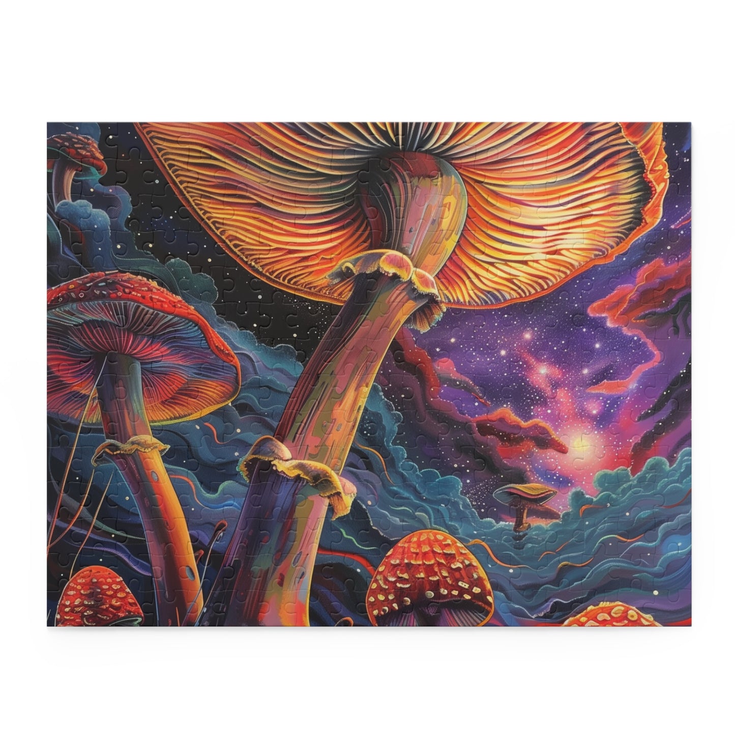 "Psychedelic Fungi jigsaw puzzle with vibrant colors and intricate patterns for calming entertainment"