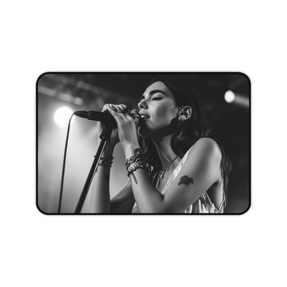 "Dua Lipa Desk Mat Collection - Stay inspired while working with this stylish mat featuring the pop star singing on stage. Perfect for staying organized in your workspace!"