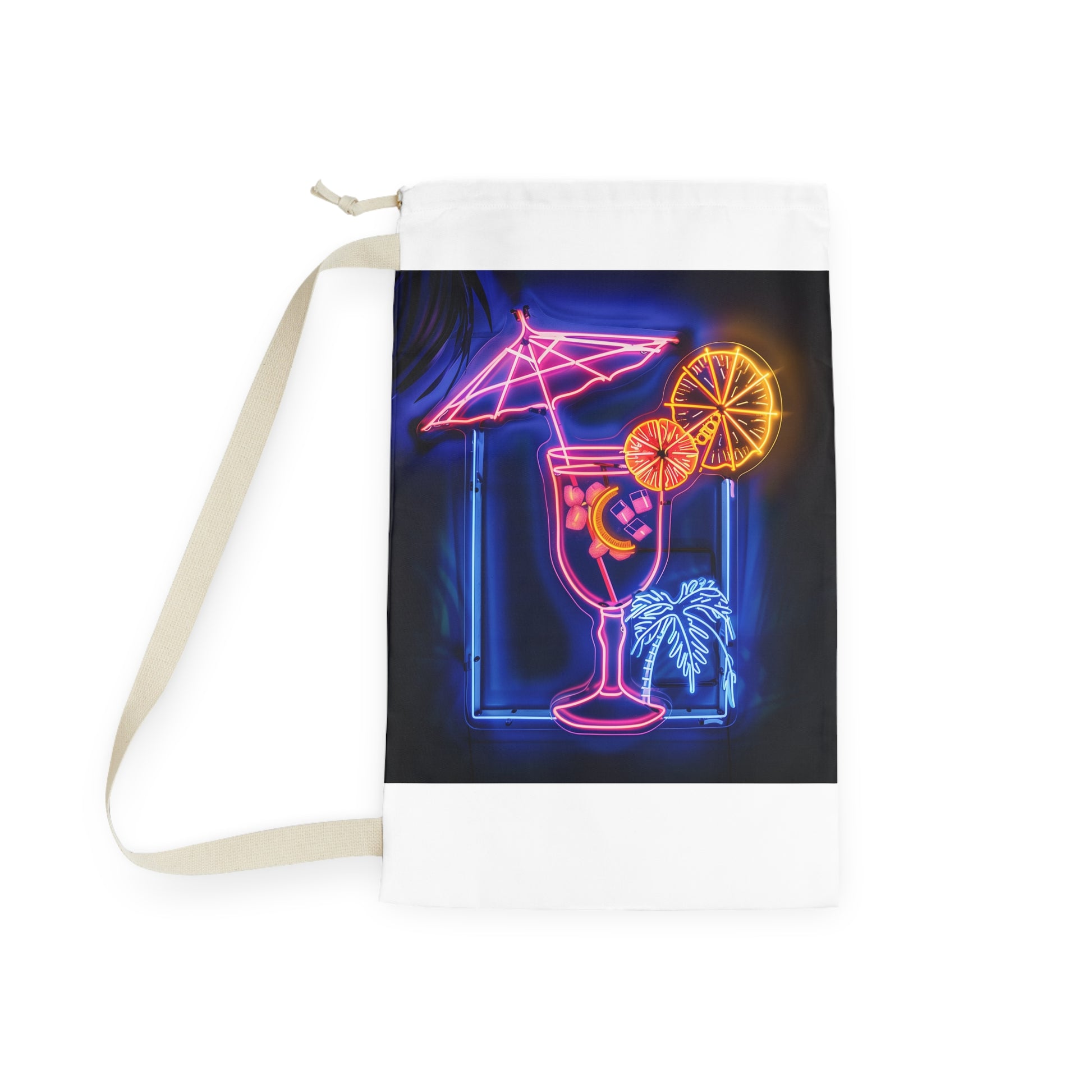 Vibrant neon sign laundry bag with tropical cocktail design for fun laundry day - brighten up chores with flair!