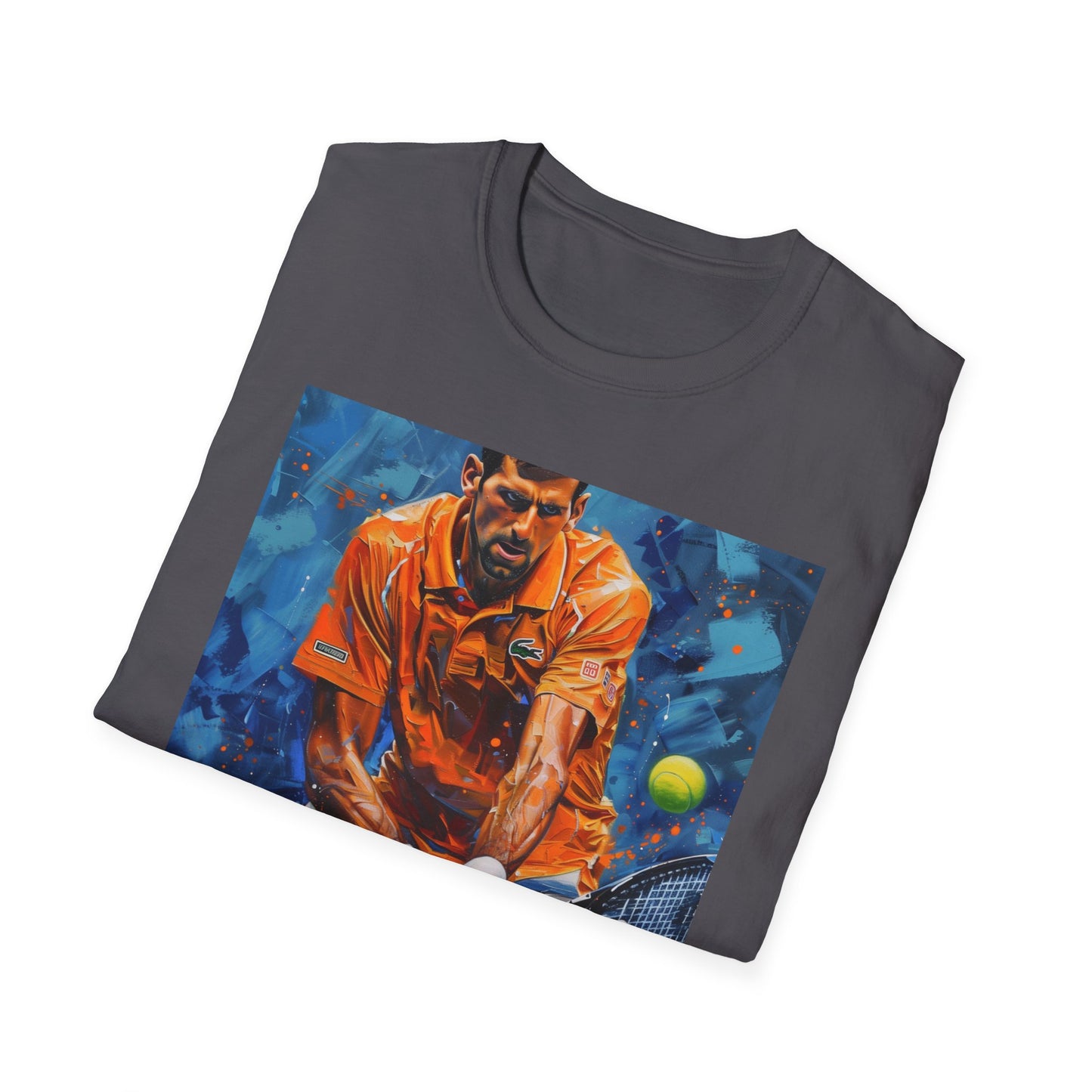 "Ace of the Court Djokovic Painting T-shirt - Vibrant portrait of legendary tennis player showcasing unmatched skill and determination. Soft brushstrokes and dynamic color palette bring to life precise serve, agile footwork, and fierce competitive spirit. Be inspired by Djokovic's legacy to embrace challenges and pursue excellence on the court."