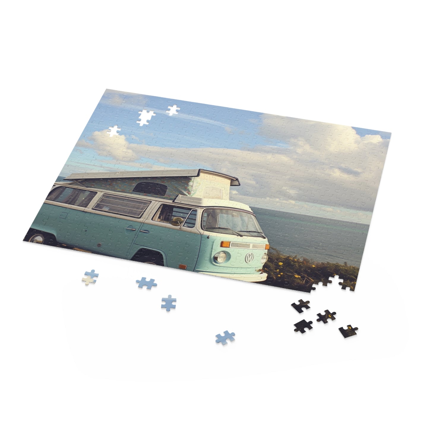 "Blue Seaside Camper Van Jigsaw Puzzle - Retro beach scene with vintage charm, perfect for vintage and beach enthusiasts"