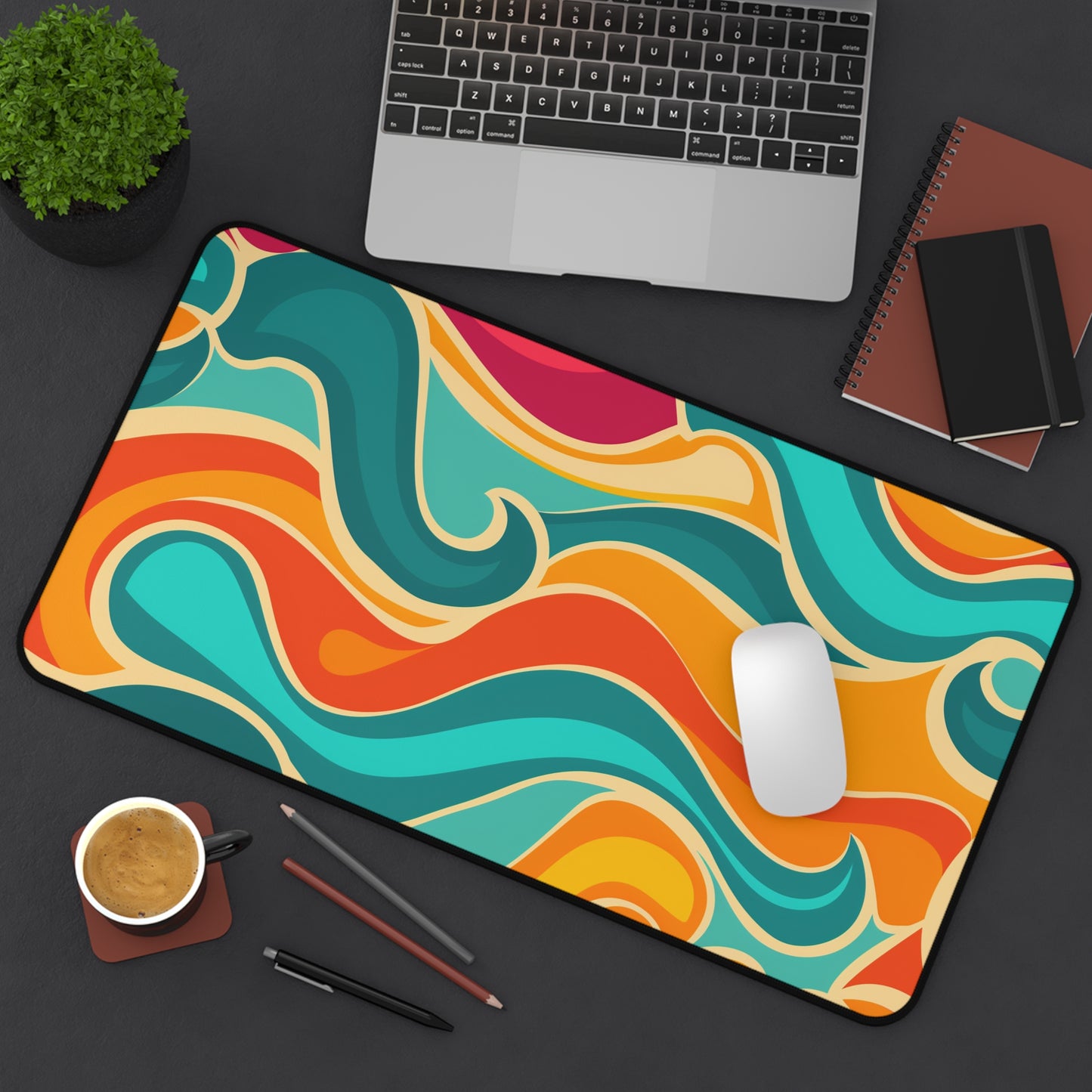 "Vibrant Retro Waves Desk Mat for Stylish Workspace - Colorful seamless pattern adds personality to desk"