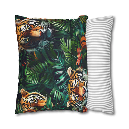 "Transform your bedroom with Tiger Safari Pillow Case, featuring majestic tigers in lush green foliage. Add a wild touch to your decor!"