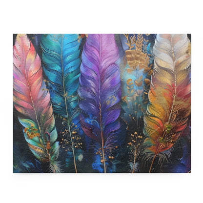 "Bohemian feather jigsaw puzzle with intricate details and vibrant colors for relaxation and mindfulness"