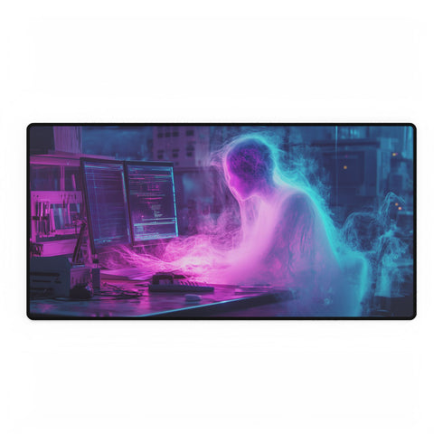 Cyberpunk Data Ghost in Abandoned Lab — XL & XXL Desk Mat — Full Top-Down Artwork View
