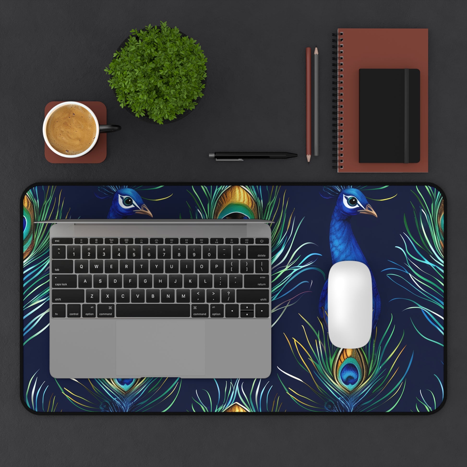 "Vibrant Peacock Feather Blue Desk Mat for Stylish Workspaces"