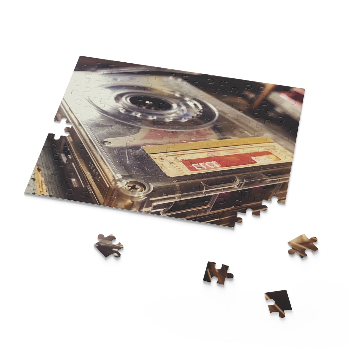 "Vintage cassette tape jigsaw puzzle with vibrant colors and intricate details"