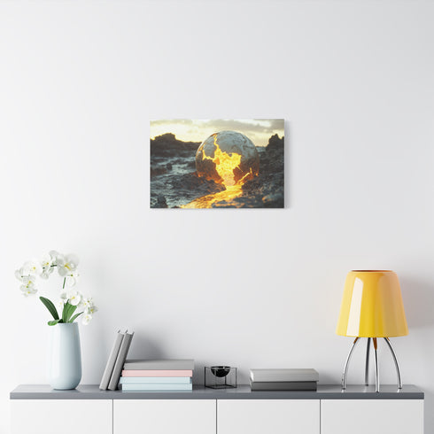 Crumbling Planet Leaking Golden Lava (Edition II) — Canvas Wall Art — Kiln-Dried Pine Frame & Ready-to-Hang Back View