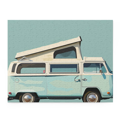 "Colorful retro camper van jigsaw puzzle with scenic backdrop for nostalgic road trip memories"