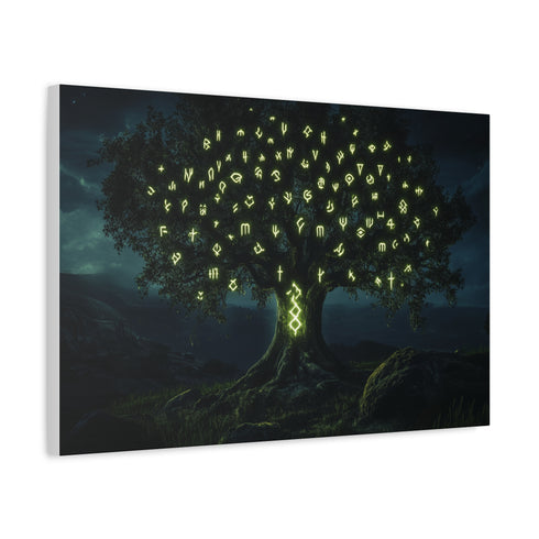 Tree with Leaves as Glowing Runes — Canvas Wall Art — Side Profile & Stretched Corner Detail