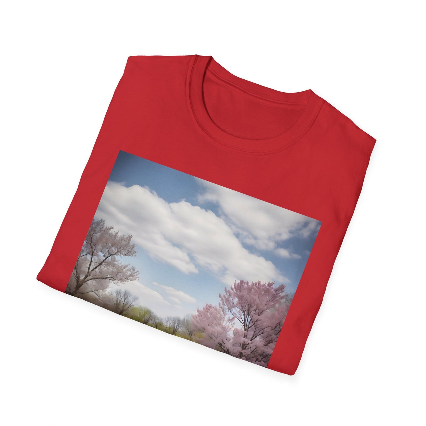 Alt text: "A Canvas of Joy in Nature's Embrace T-shirt featuring a vibrant design of a suburban park filled with spring blooms, capturing the essence of warmth, laughter, and connection with loved ones."