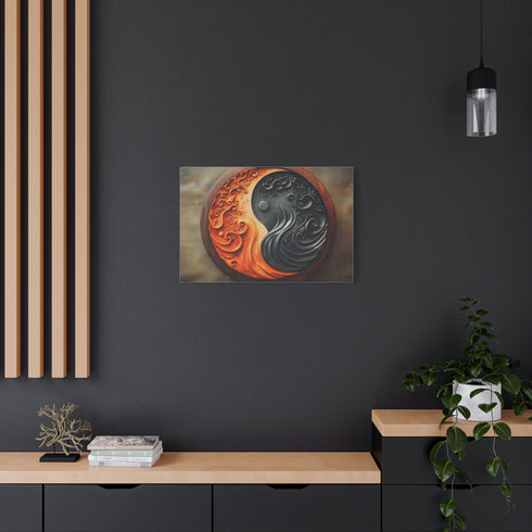 Stylized Yin Yang Made of Waves and Fire Stretched Canvas Wall Art