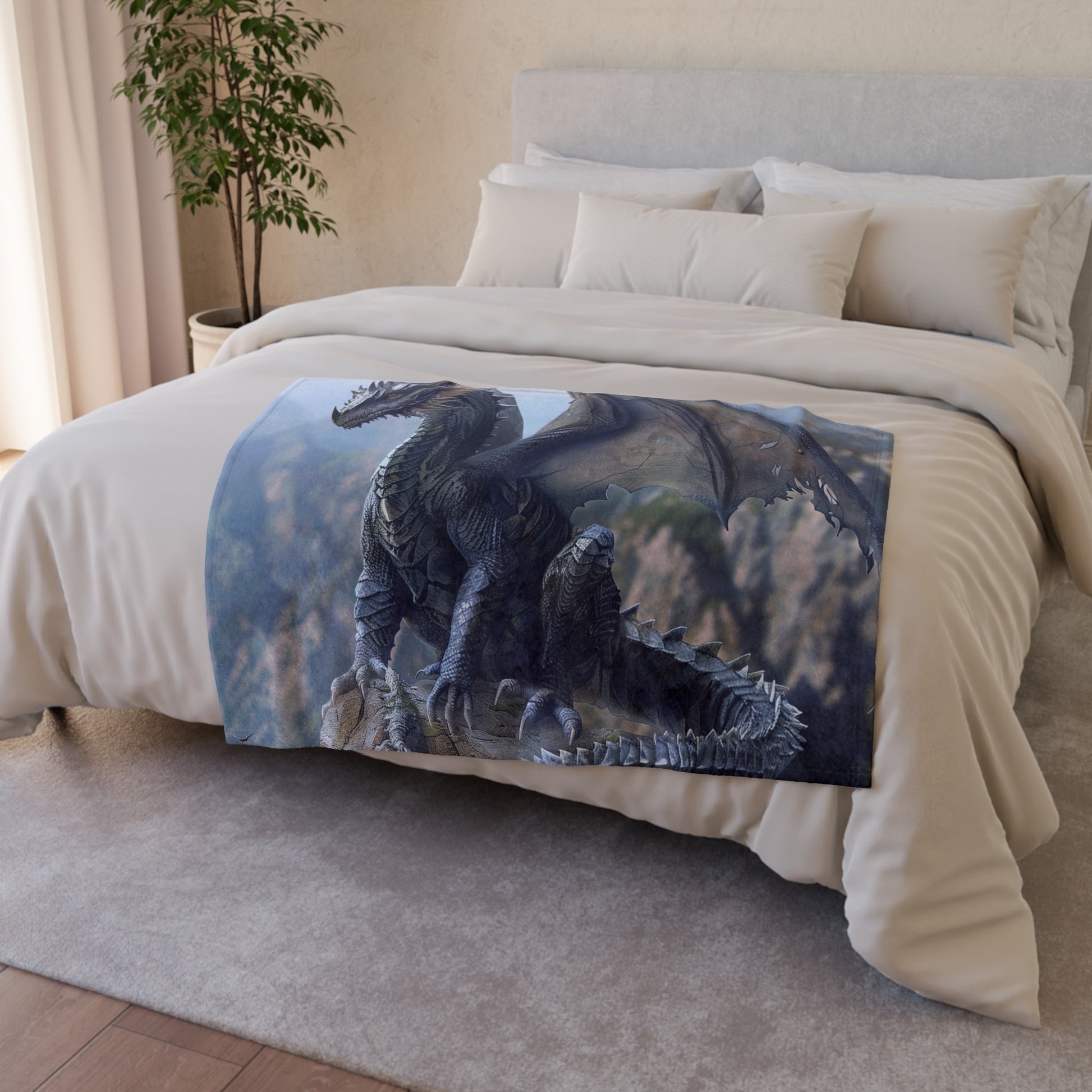 and its wings outstretched. Perfect for adding a touch of fantasy and adventure to any space. Wrap yourself in the magic of legends and let the dragon's fiery breath keep you warm on cold nights. This blanket is a must-have for any fantasy enthusiast or dragon lover. Add a touch of mystery and excitement to your home decor with our Dragon's Lair Blanket: Where Legends Come to Life!