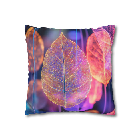 Dreamscape with Levitating Neon Leaves — 40×40 Cushion Cover — Double-Sided Back & Concealed Zip Detail
