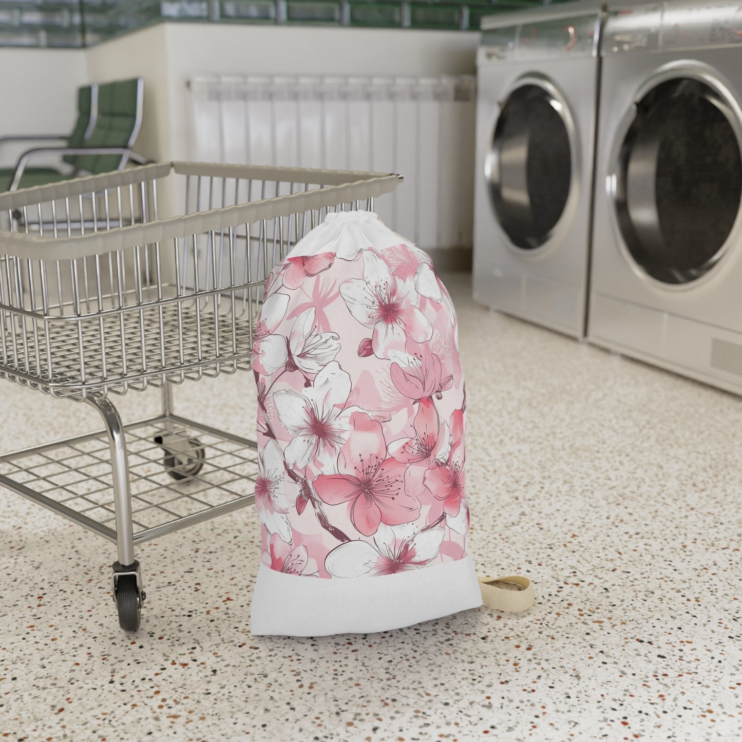 "Cherry Blossom Laundry Bag - Pink and white seamless pattern for tidy and organized clothes"