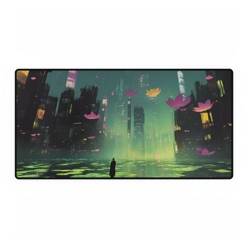 Floating Zen Garden Above Neon City — XL & XXL Desk Mat — Full Top-Down Artwork View