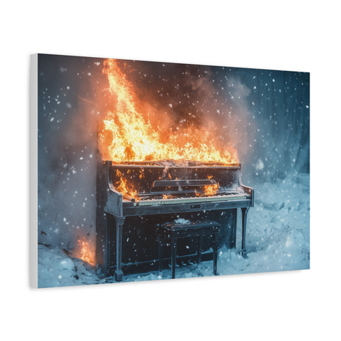 Burning Piano in Snowstorm Stretched Canvas Wall Art