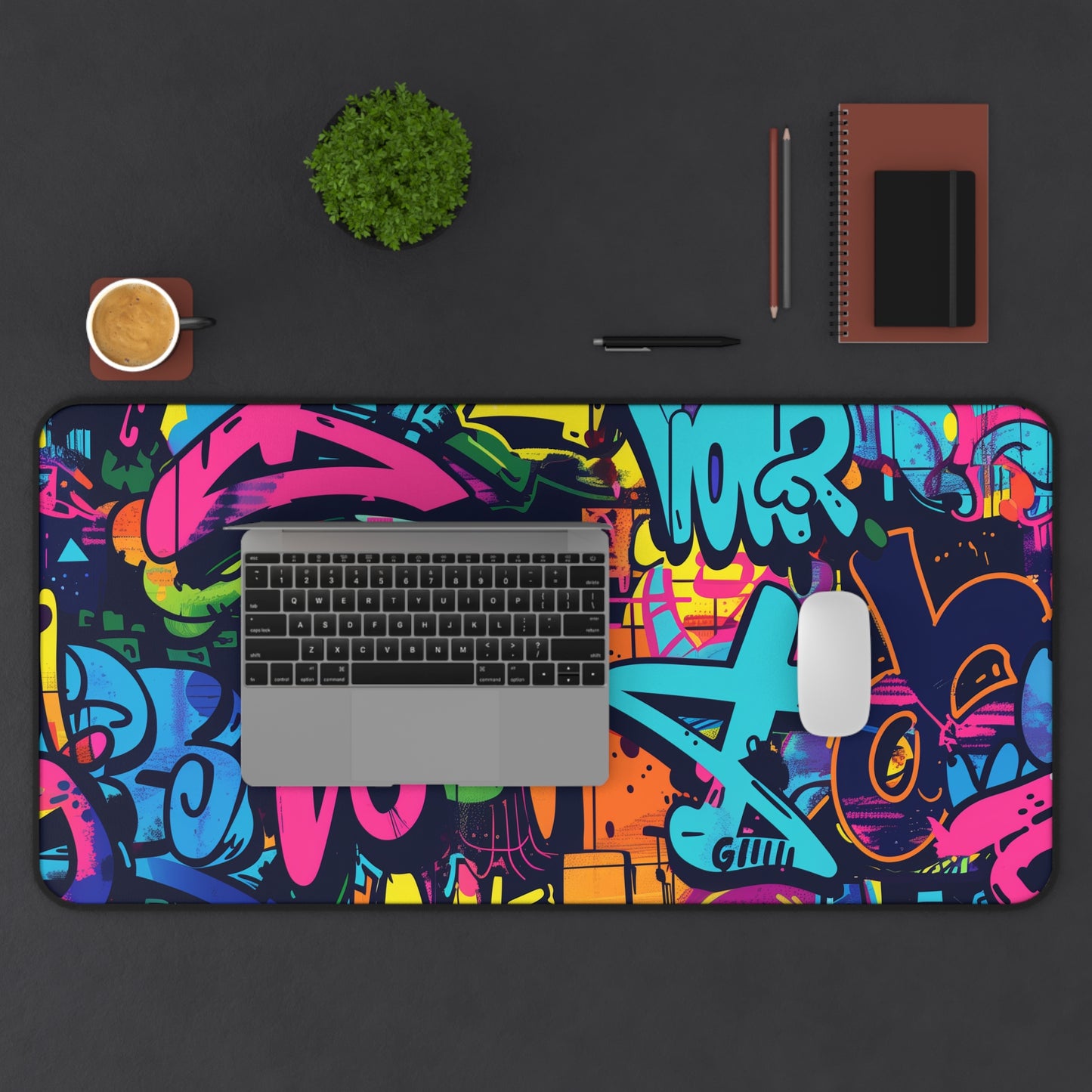 "Colorful Neon Urban Graffiti Desk Mat - Add Style and Protection to Workspace"