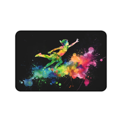 "Peter Pan Neon Desk Mat: Whimsical watercolor design in vibrant neon colors for a creative workspace"