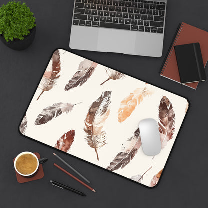 "Boho Feathers Desk Mat - Stylish and vibrant seamless pattern with intricate feathers for a bohemian flair in your workspace"