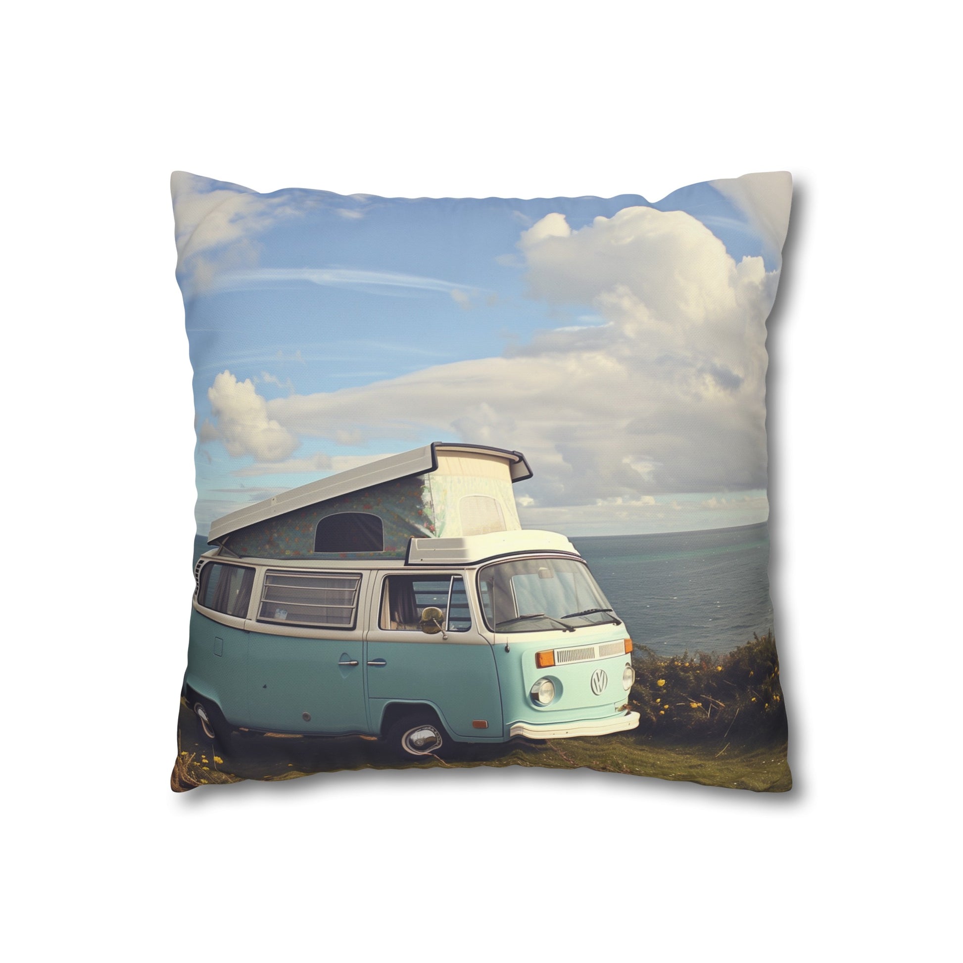 "Seaside Camper Dreams Pillowcase - Dreamy camper van design, high-quality material, perfect for all seasons. Shop now!"