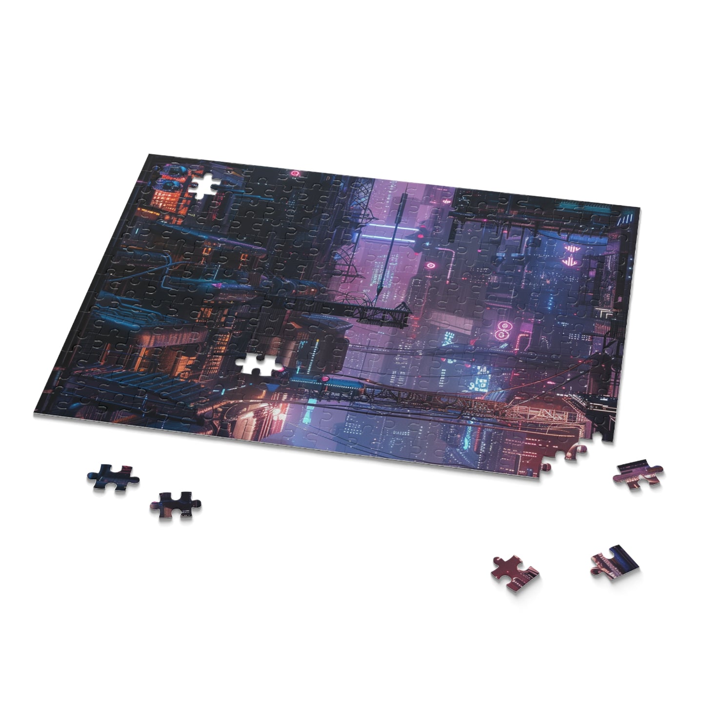 Neon Cityscape Puzzle - Cyberpunk cityscape jigsaw with vibrant colors and intricate details for all ages.