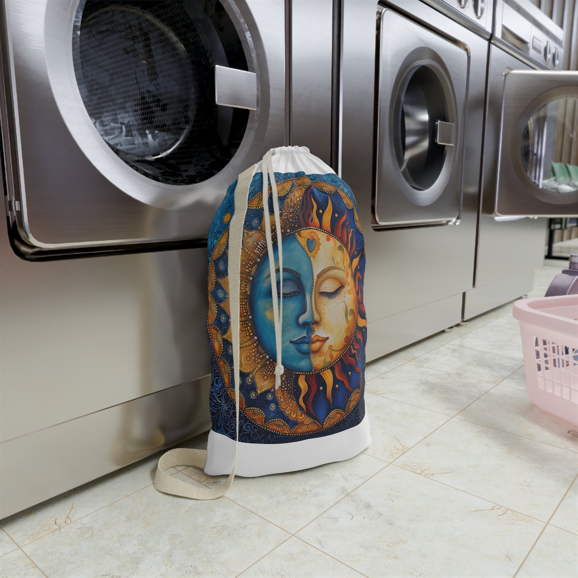 Mandala Sun & Moon Laundry Bag - Bohemian style laundry organization with unique design.