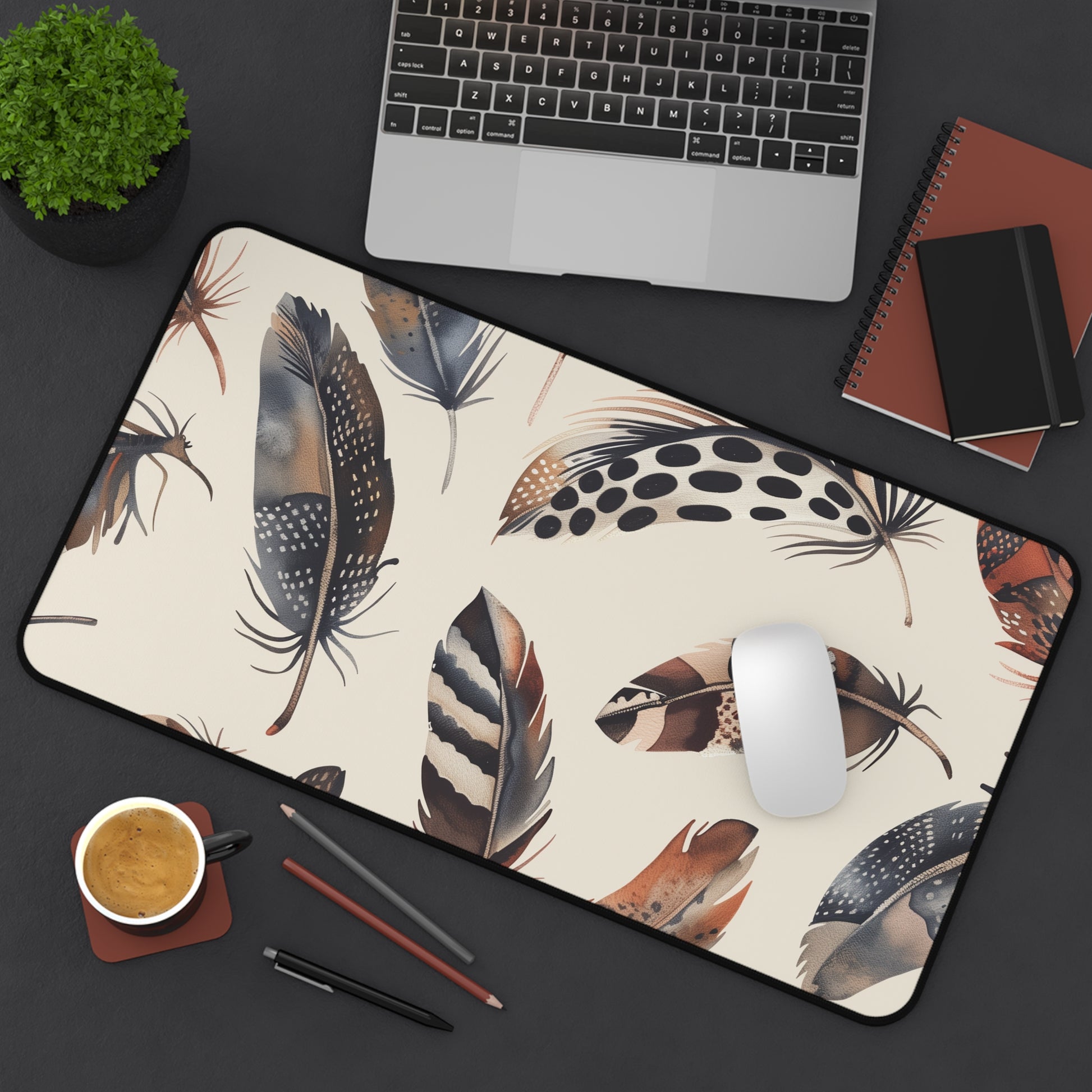 "Boho Feathers Desk Mat: Add whimsical charm with delicate feather pattern"