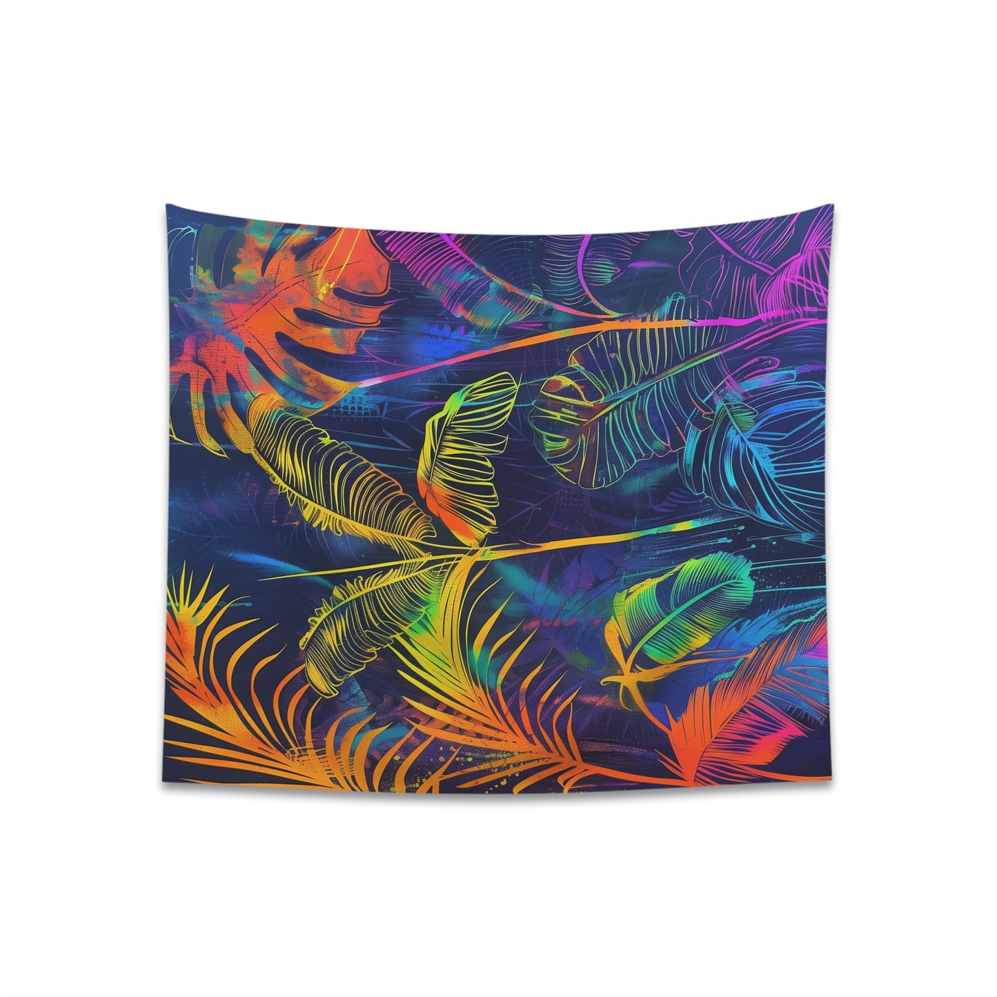 "Neon Jungle Tropical Tapestry: Vibrant palm trees and neon colors, perfect statement piece for any room. High-quality and stylish, available in two sizes. Makes a great gift! Shop now at BenCPrints."