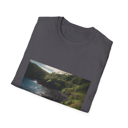 "Maui-themed 'A Tapestry of Nature's Wonders' T-shirt featuring diverse landscapes - rugged coastlines, lush rainforests, and majestic waterfalls"