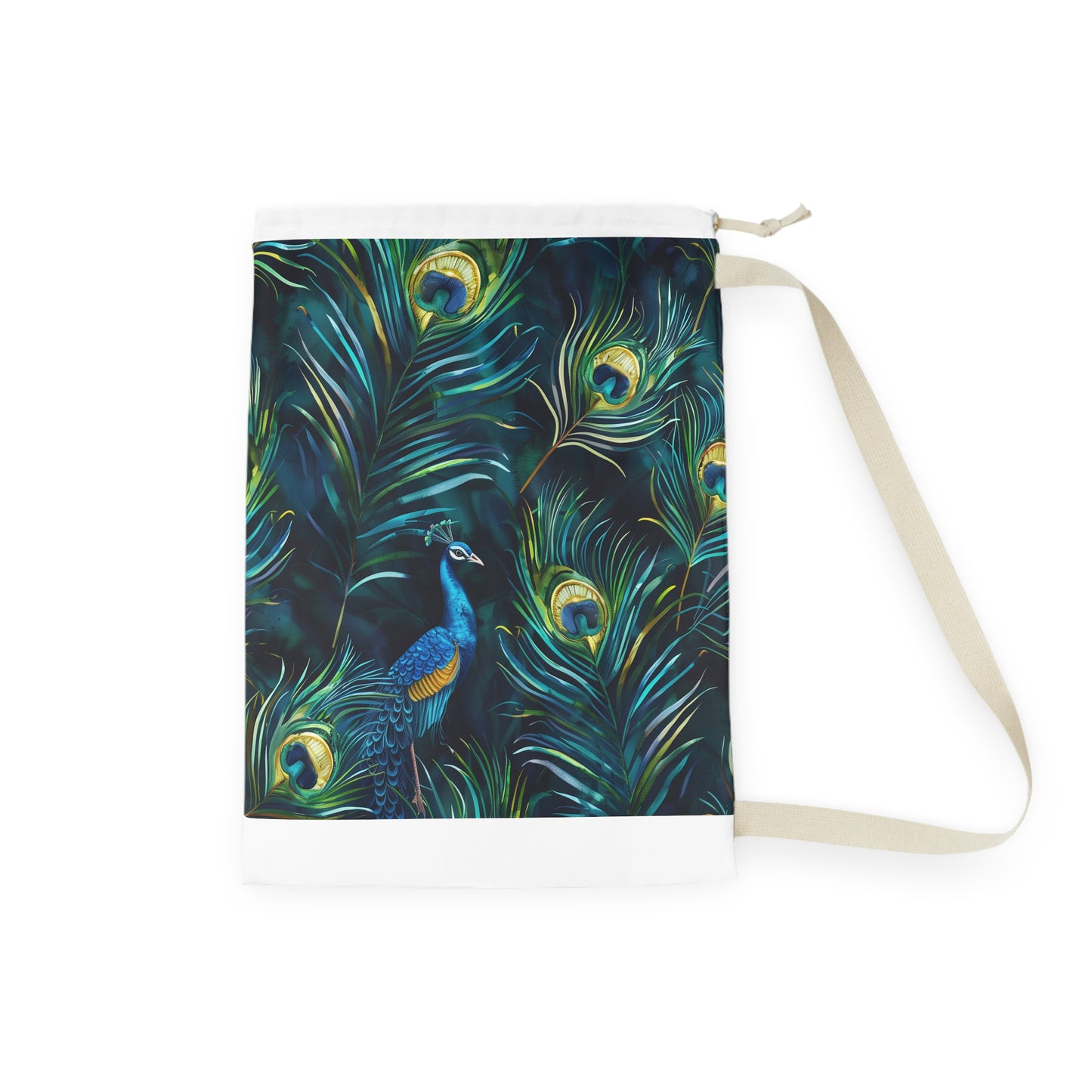 "Peacock Feathers Laundry Bag - Add elegance to laundry with vibrant blue pattern"