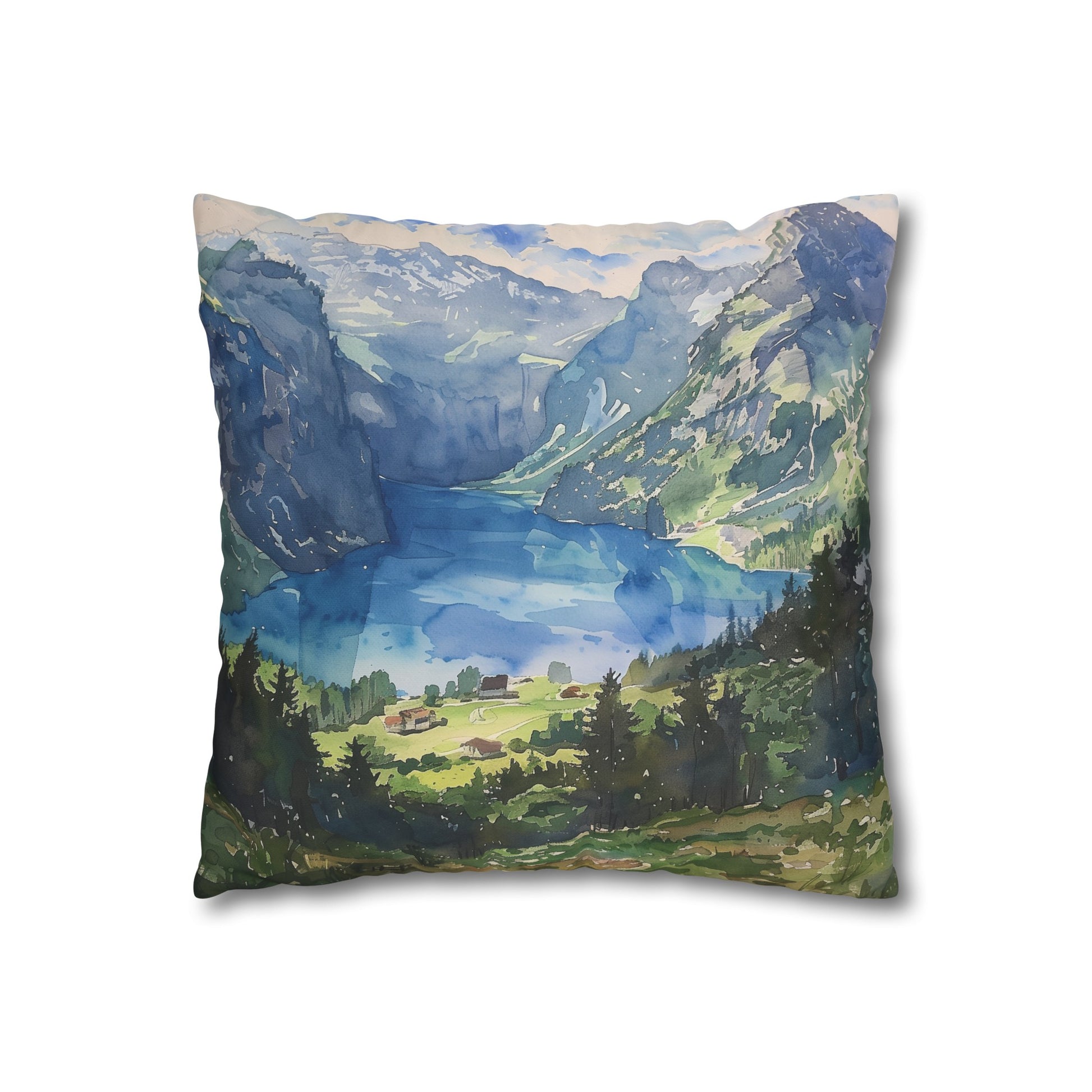 "Alpine Majesty Pillowcase - Swiss Alps inspired watercolor design, high-quality and stylish for all seasons. Makes a great gift!"