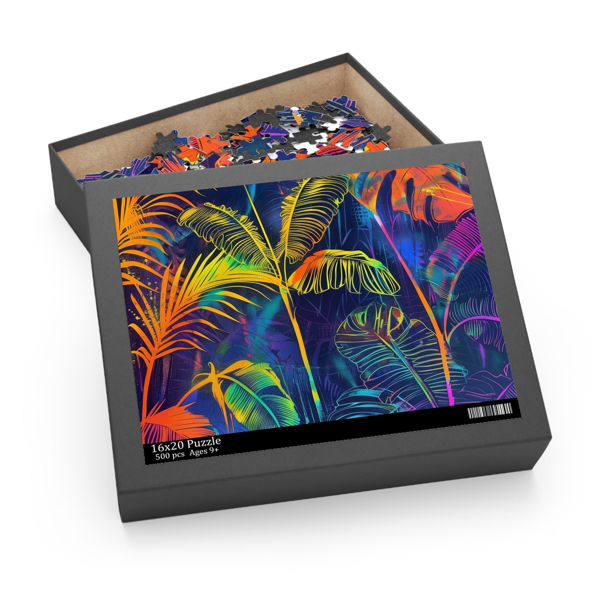 "Neon Tropical Paradise Puzzle - vibrant jigsaw with lush leaves and palm trees"