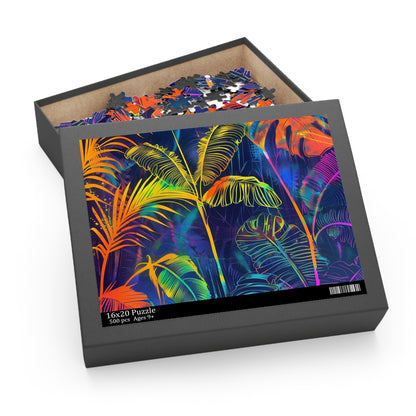 "Neon Tropical Paradise Puzzle - vibrant jigsaw with lush leaves and palm trees"