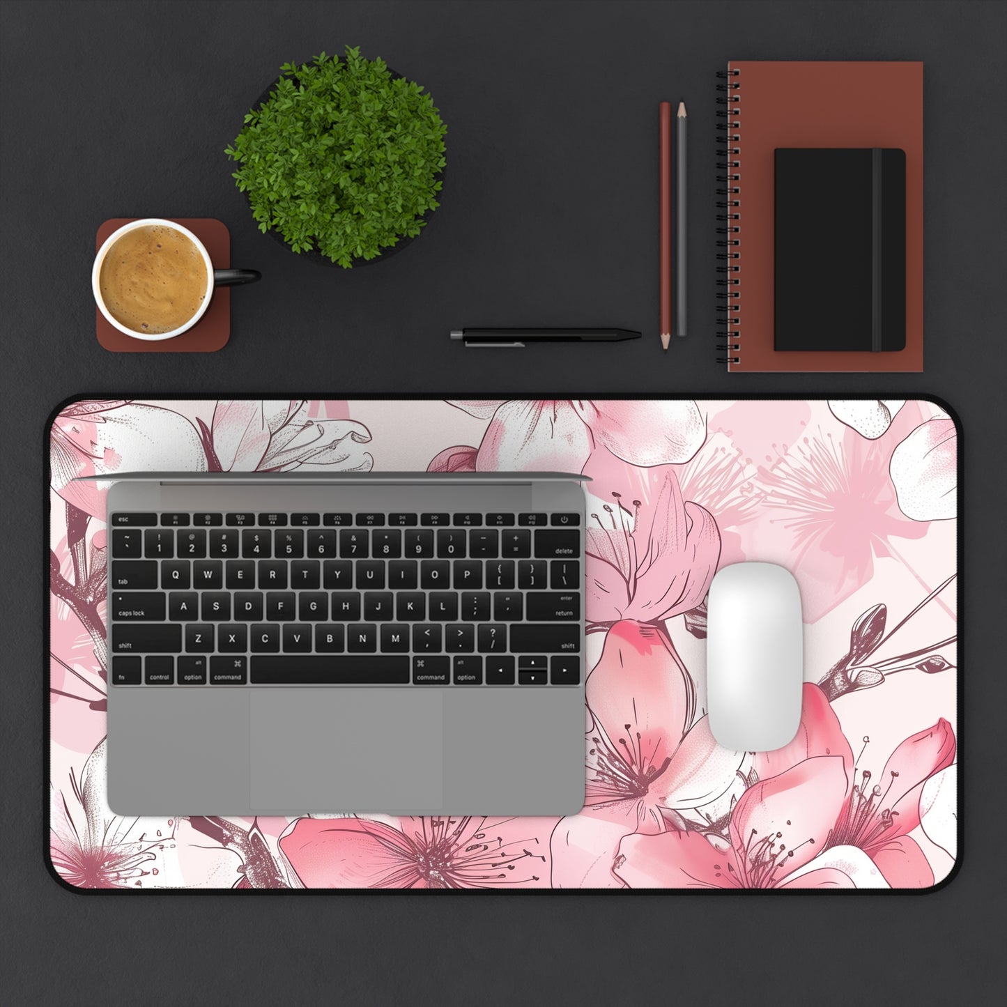 "Cherry Blossom desk mat: Elegant pink and white pattern for stylish workspace decor"