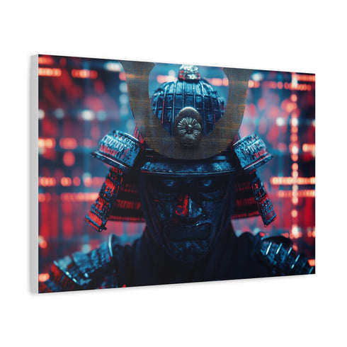 Samurai Helmet over Digital Grid — Canvas Wall Art — Side Profile & Stretched Corner Detail
