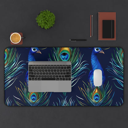 "Vibrant blue Peacock Feather desk mat, add style to your workspace"