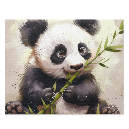 Panda Feast Jigsaw Puzzle - Delightful scene of a cute panda munching on bamboo, perfect for animal lovers and puzzle enthusiasts.