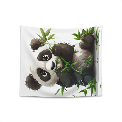 "Bamboo Bliss: A Panda Tapestry - Whimsical decor featuring a cuddly panda enjoying bamboo in a serene setting. Perfect gift for all seasons!"