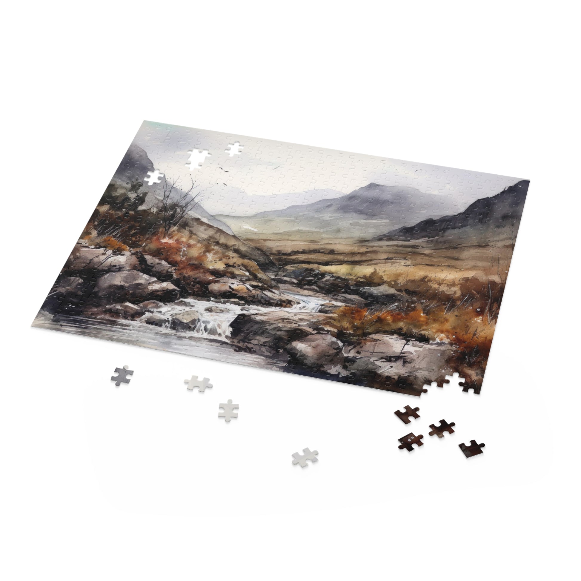 Highland Serenity Jigsaw Puzzle - Tranquil Scottish countryside scene with rolling hills and charming villages, perfect for relaxation and unwinding.