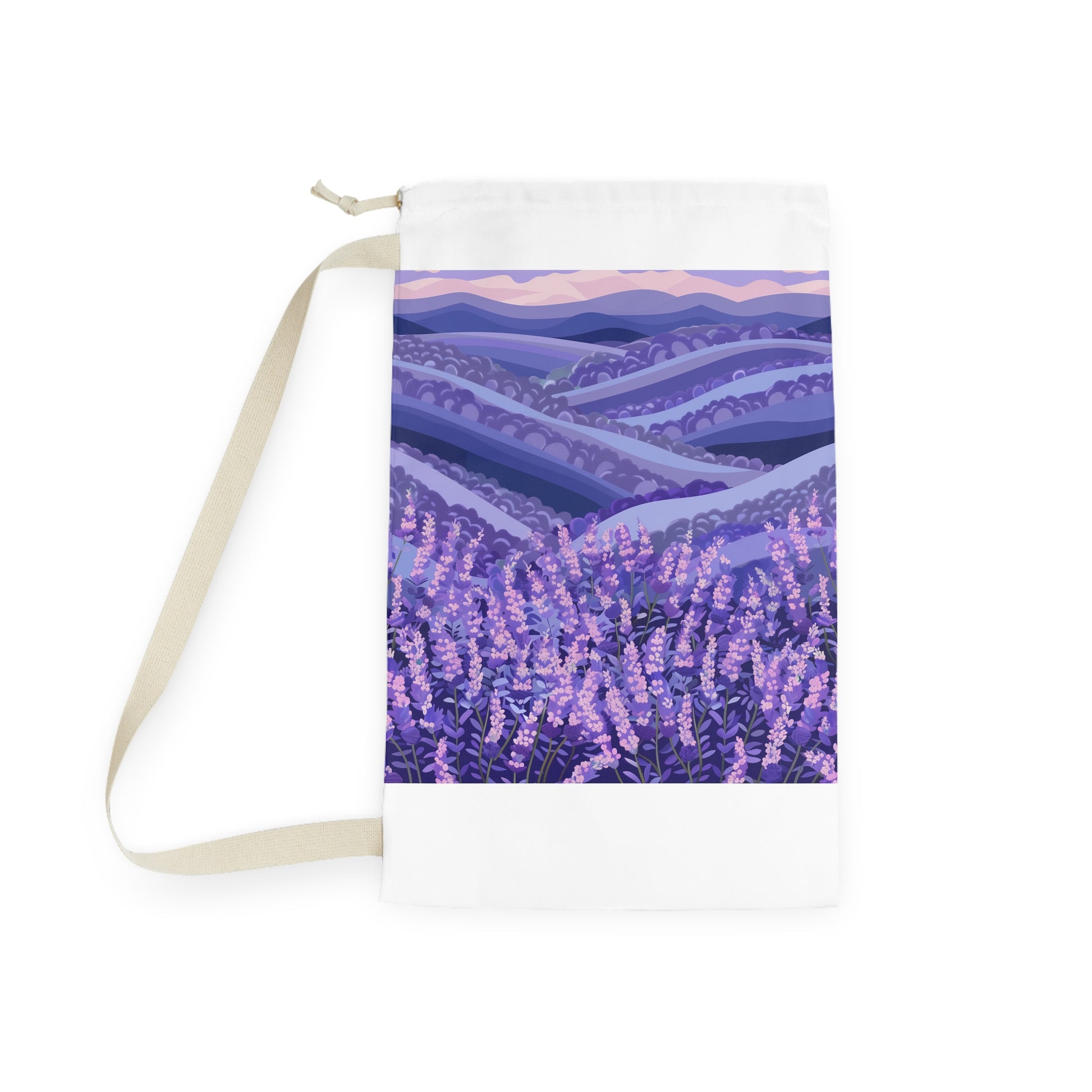 "Seamless lavender fields laundry bag with calming scent and beautiful blooms, ideal for refreshing clothes"