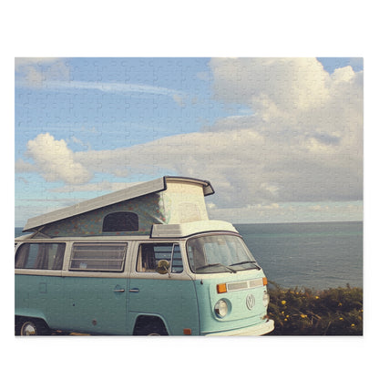 "Blue Seaside Camper Van Jigsaw Puzzle - Retro beach scene for vintage enthusiasts and beach lovers"