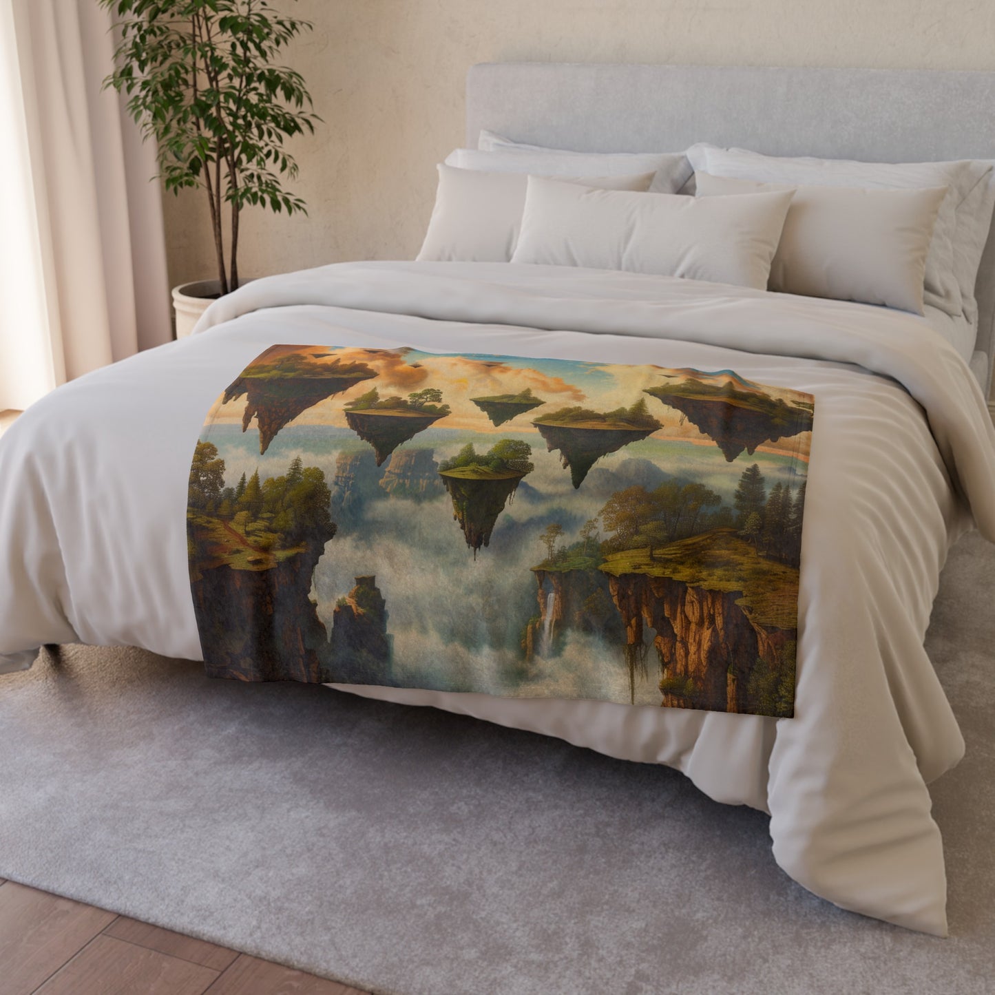 this blanket is perfect for snuggling up on the couch or adding a decorative touch to your bed. Add a touch of surrealism to your home decor with the Island in the Sky Blanket. Image Alt Texts: Surreal Escape Blanket